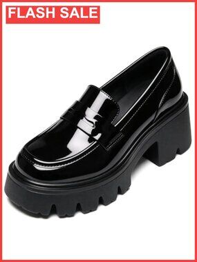 Women's Patent Leather Chunky Platform Penny Loafers Slip-On Dress Shoes